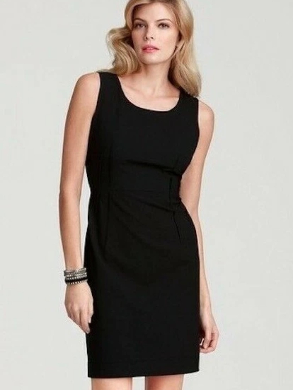 DKNY Black Midi Dress Knit Fabric with Black Leather Trim Accent Size 6